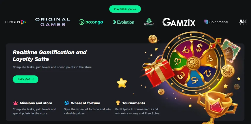 Suite de fidélité Bet On Red avec une roue de la fortune interactive et des missions de récompense.